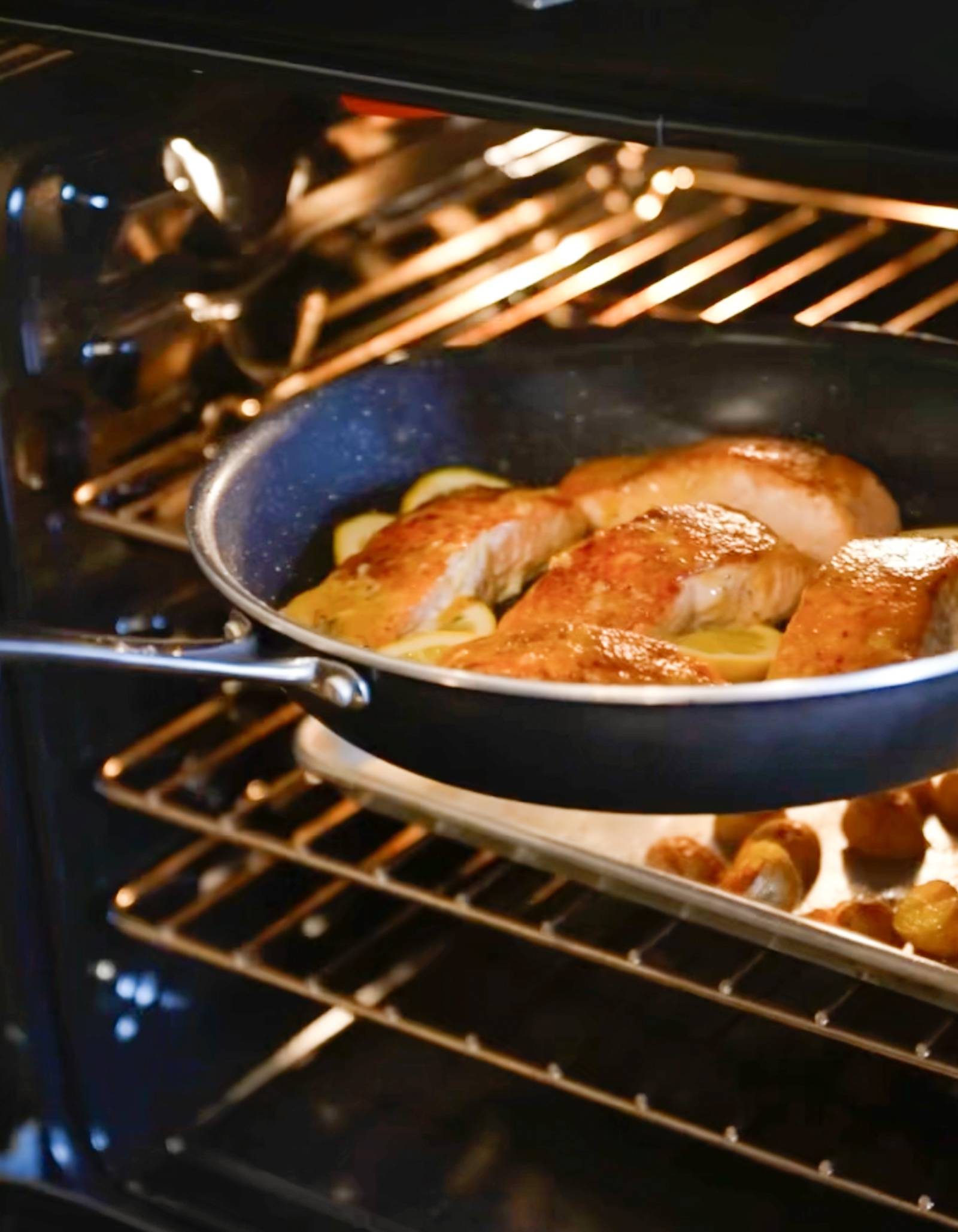 Cooking salmon in a Nordic Ware Basalt Skillet.