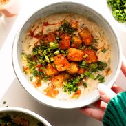 A picture of Spicy White Chicken Soup with Seasoned Tots