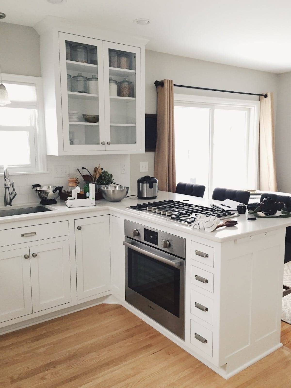 Kitchen along with dining table.