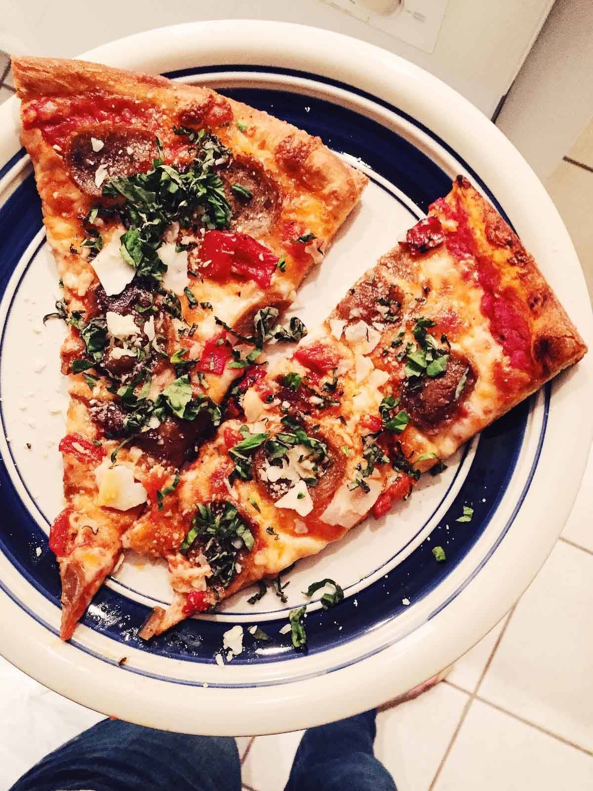 Slices of pizza on a plate.